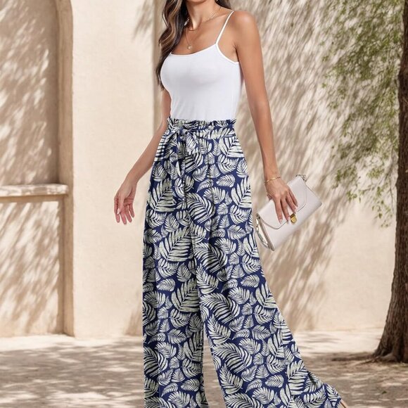High Waisted Palazzo Pants Work Casual Flowy Tie Knot Trousers with Pockets - Picture 3 of 5